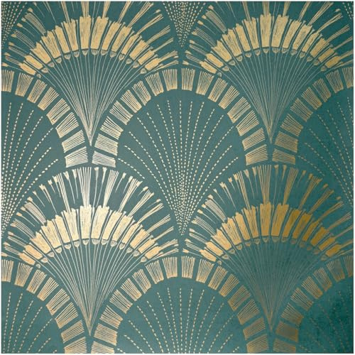 Sample for Teal and Gold Art Deco Wallpaper Metallic Fan Shell Pattern Luxury Geometric Design Glamorous Feature Wall Covering for Living Room Bedroom Hallway
