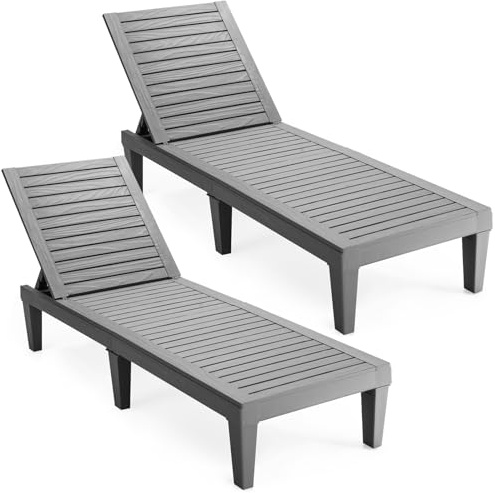 COSTWAY 2er Set Sonnenliege Kunststoff wetterfest, Gartenliege mit Verstellbarer Rückenlehne, Balkonliege, Terrassenliege Holzoptik, Liegestuhl bis 180 kg belastbar für Garten, Terrasse, Grau