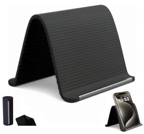 Portable Foldable Silicone Phone Stand, Flexible Multi-Angle Cell Phone Holder with Anti-Slip Base, Universal Desktop Cradle for iPhone Android & Tablets, Travel Essential Mobile Support (Black)