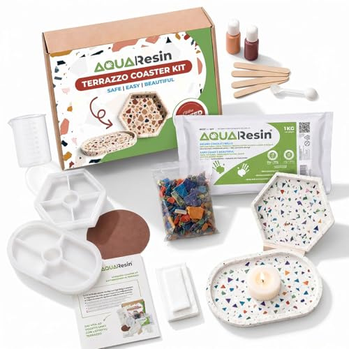 AquaResin Terrazzo Kit Made in Italy (Bianco Carrara) Kit Completo | con Gesso Ceramico, Stampi in Silicone per Gesso e Accessori, Polvere di Ceramica per DIY e per Creare Superfici Terrazzo