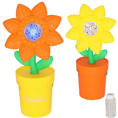 Seifenblasen Blumentopf gelb orange | 13,5x31x15cm Kunststoff 55ml | Seifenblasenmaschine batteriebetrieben | Seifenblasenstab Seifenblasenlösung LED blau