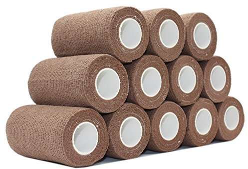 COMOmed 12 Stück Kohäsive Bandage Fixierbinde Selbsthaftend Elastisch 10cm breit x 4,5 Meter dehnbar,Wundverband, Verband Hand, Elle, Knie, Fuß, Gelenkte, Fingerverband, Pflasterverband, Braun