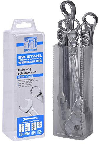 SW-Stahl 00162L Gabelringschlüsselsatz 15-teilig, 6-22 mm Maulschlüssel | Hochwertiger Chrom-Vanadium Ringmaulschlüssel-Satz - Pro Drive Profil - Ringschlüssel Set für Werkstatt und Hobby