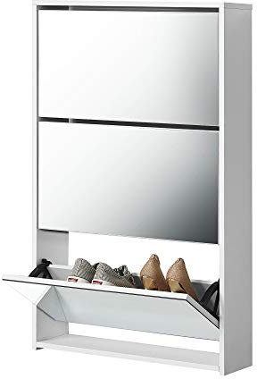 [en.casa] Schuhschrank Lund Schuhkipper mit 3 Klappen verspiegelt Schuhkommode für 9 Paar Schuhe 103 x 63 x 17 cm Weiß