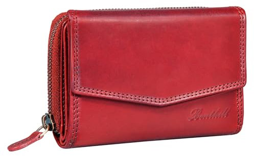 Benthill Portemonnaie Damen Leder - RFID Echtleder Geldbörse - Vintage Portmonee - Münzfach mit Reißverschluss, Farbe:Rot
