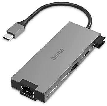 Hama USB C Hub 5 Ports (Multiport Adapter 1x HDMI 4K Ultra HD, 1x LAN Gigabit Ethernet, 2X USB-A, 1x USB-C zur Übertragung von Daten und zum Laden mit PD, USB C Adapter 5in1 für Büro, Homeoffice) Alu