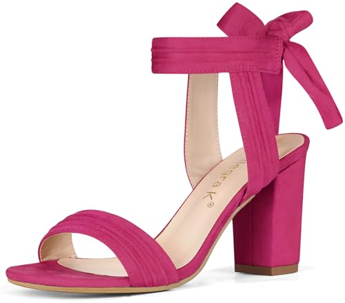 Allegra K Women Open Toe Ankle Tie Back Chunky Heel Sandals | 3 1/8 inches Heels, Comfortable Block Heeled, Summer Dress Shoes for Women, Faux Suede