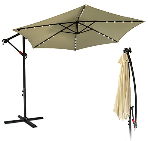 Lospitch Sonnenschirm LED Solar 350 cm, Alu Ampelschirm mit Kurbelvorrichtung, Sonnenschirm Groß UV-Schutz & Wasserabweisende, Gartenschirm 8 Streben (Beige)