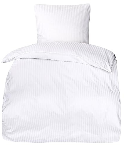 MOON - Luxury Damast Bettwäsche Set mit Reißverschluss - 135x200 + 80x80 cm - 10mm Streifen - 100% Baumwolle (weiß)