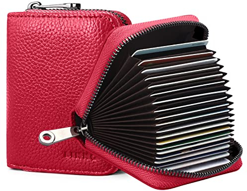 Goopai RFID 20 Kartenfächer Kreditkartenetui Echtes Leder Akkordeon Kartenetui Kleine Geldbörse für Damen oder Herren mit Reißverschluss, rot, S, Klassisch
