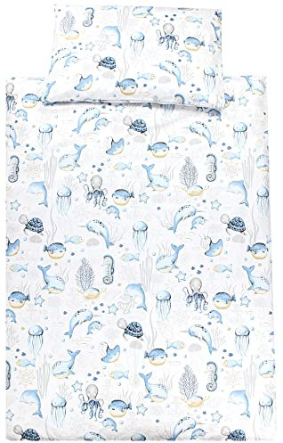TupTam Kinder Bettwäsche Set Babybettwäsche Bettbezug 100 x 135 120 x 90 Kissenbezug 40 x 60 Jungen Mädchen 2-TLG, Farbe: Meerestiere Blau, Größe: 135x100 cm