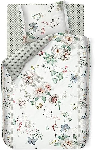 Pip Studio Bettwäsche Tokyo Bouquet White Weiß Blumen Blüten Zweige Motive Gepunktet Perkal Wendeoptik, Größe:155 cm x 220 cm