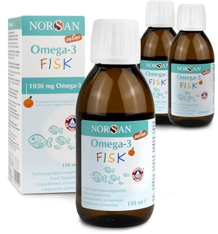 NORSAN FISK Omega-3 Öl für Kinder - 1.030 mg Omega 3 hochdosiert - 3x 150ml | natürliches Fischöl mit EPA und DHA aus nachhaltigem Wildfang - mit Vitamin D3 (400 I.E. pro Tagesdosis) - Orangengeschmack