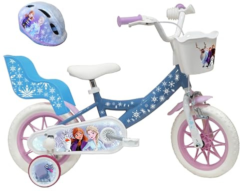 Disney Frozen Girl 12 tums cykel utrustad med 1 broms, främre dockkorg, bakre dockhållare, slamskydd, hölje och stabilisatorer + Frozen hjälm ingår barn, himmelsblå, 12