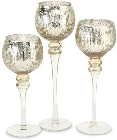 City Chic Glam Goblet Kerzenhalter, 3er Set, Metallic Champagne Gold, gerippt, Quecksilberglas, lackiert 40, 35, und 30 cm