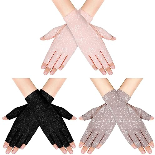 ONESING 3 Pairs UV Protection Gloves Fingerless Gloves Non Slip Summer Driving Riding Cycling Gloves for Women Girls