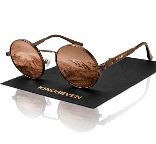 KINGSEVEN Hochwertige Runde Polarisierte Sonnenbrille für Herren und Damen im Retro Stil I Vintage Hippie Steampunk Brille mit Metallrahmen I Brille mit modischen Vintage-Look I Braun