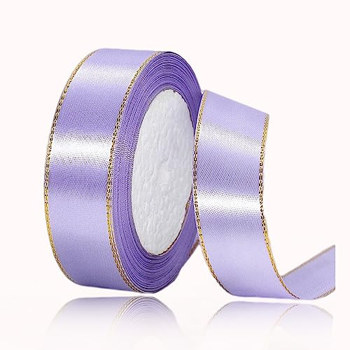 Geschenkband Hellviolett 20mm Breit, 23 Meters Goldränder Satinband Helles Lila Geschenkbänder Stoff Schleifenband Dekoband zum Geschenkverpackung, Bastelarbeiten, Geburtstag und Hochzeitsdekoration