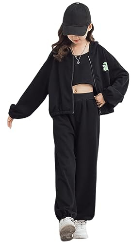YFPICO Enfant Fille Survêtement Ensemble 3 Pièce Vêtement de Jogging Sweat-shirt et Pantalon de Sport Costume Joggers Automne Sportwear, Noir, 10-11 ans