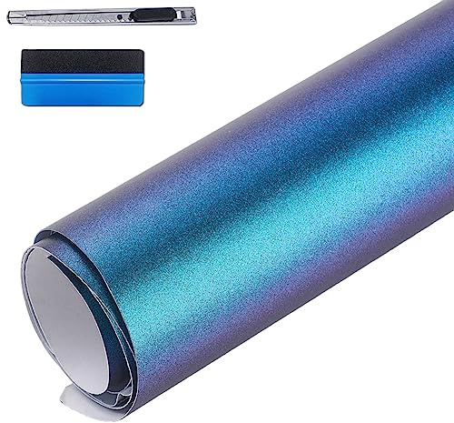 NewL Matte Chamäleon-Vinylfolie, blau bis lila, glänzend, Auto-Aufkleber, blasenfrei, für Karosserie-Außendekoration, 30 cm x 100 cm | Blau-Bis-Lila-Chamäleon-Optik, Montagewerkzeug inkl., Luftkanal-Technik, wetterfest, dehnbar, für Auto-Innen- & Außendekor