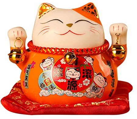 Jenngaoo Winkekatze Orange 11,4 cm Keramik, Glückskatze mit Sparfunktion | Maneki Neko Deko für Geschäft, Büro, Zuhause, Glücksbringer, Reichtum, Handgefertigt, ideal als Geschenk
