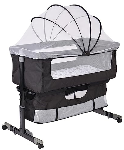 homewell Beistellbett Baby, 2 in 1 Babybett und Babywiege, Kinderbett mit Rollen, Moskitonetz, Lagerungstasche und Matratze, Höhenverstellbar Struktur aus Aluminiumlegierung (Modell 3 Schwarz)