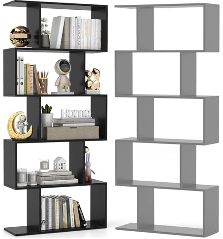 HOMASIS Stehendes Bücherregal mit 5/6 Ebenen, S-Form Standregal stilvoll, Aufbewahrungsregal Holz, multifunktionales Wandregal Raumteilerregal für Wohnzimmer, Büro & Arbeitzimmer (Schwarz, 5 Ebenen)