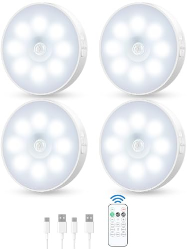 YLXS Motion Sensor Puck Light with Remote, Wireless Dimmable Under Cabinet Lights, Rechargeable Magnetic Closet Light, Stick on Night Light, 4-Pack