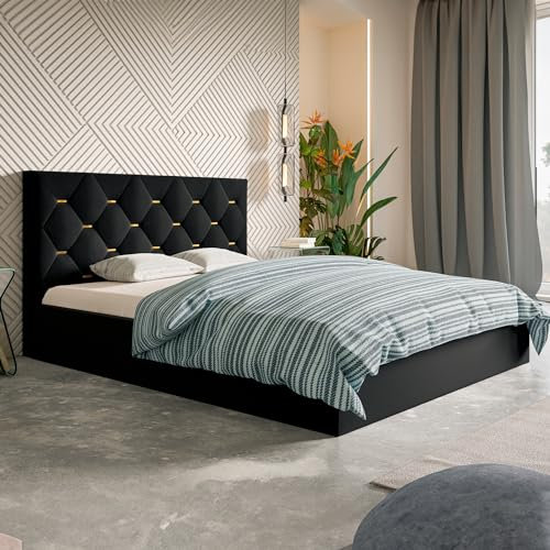 MOTIVENA Modi Polsterbett 160x200 Schwarz, Polsterbett 160x200 Samt, Polsterbett 160x200 mit Bettkasten, Polsterbett 160x200 mit Stauraum, mit Lattenrost, mit Kopfteil, ohne Matratze, Schwarz