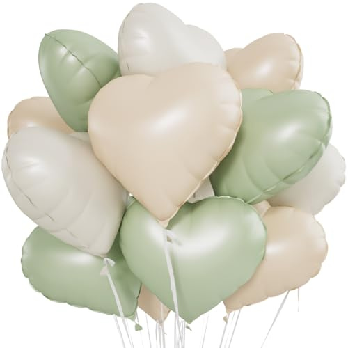 Herz Folienballon 24 Stück,Herz Helium Luftballons,Heliumballon Herzen,Beige Grün Herzluftballons,Herzform Folienluftballon Herzballons für Geburtstag Hochzeit Valentinstag