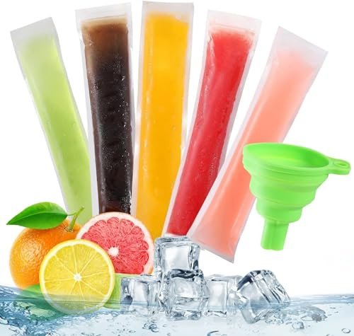 SunAurora 100PCS Pochettes Popsicle Moule Sacs, Ice Pop Pouch, Sacs de Sucettes Glacées avec Un Entonnoir, Sacs à Glace Jetables, Sans BPA, pour Yaourt Bonbons Crème Glacée