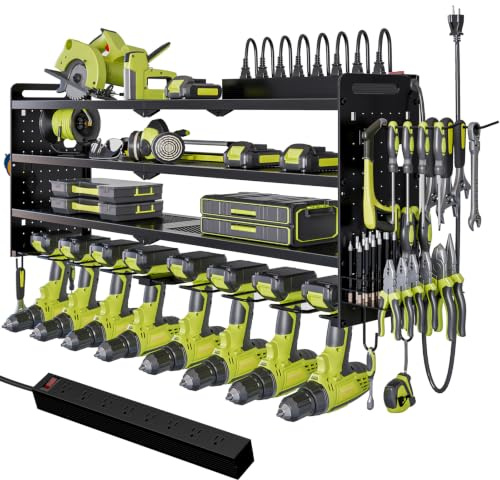 NattyDot - Tool Organizer with Charging Station, Wireless Tool Organiser, 8 Drill Holders, 4-Layer Storage Rack for Organization | 4-Tier Garage Rack Stores 8 Cordless Drills and Tools; Built-in 8-Outlet Power Strip Makes a Convenient Charging Workspace