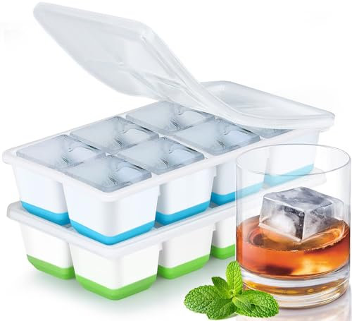 Cubiteras para Hielo Grande, JRISBO 2 Piezas Cubitera Silicona con Tapa para Cubitos de Hielo, Cubitera Silicona sin BPA Apilables Moldes de Hielo Ice Cube Tray para Cóctel Whisky (Azul + Verde)