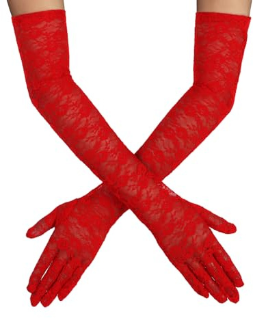 Lusofie Long Lace Gloves for Women 80s Floral Opera Gloves Ladies Bride Glove for Wedding Evening Party Halloween Costumes Masquerade (Red)