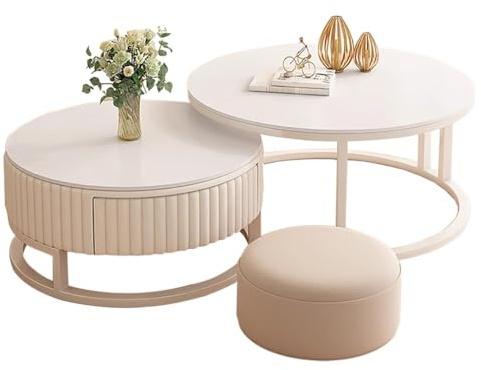 HRXQ Moderne 2er Set Couchtisch Rund Mit Stauraum, Wohnzimmertisch Rund, 70cm+50cm Nested Satztische Für Schlafzimmer Wohnzimmer