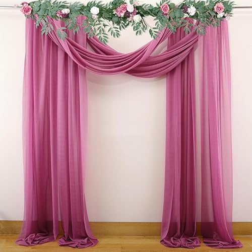 Querbehang Freihanddeko,1 Stück 75 * 400cm Chiffon Tüll Foto Hintergrund Vorhang Hochzeitsbogen Drapierung Stoff Freihanddeko Dekoration für Hochzeit Fotografie Party Geburtstag Taufe -Lila Rosa