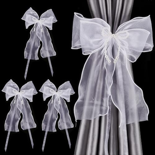 FINGERINSPIRE 4 unidades de alzapaños de cortina con lazo 50,5 x 23,6 cm lazo blanco perlas cintas de cortina con lazo de aguja hebilla de sujeción de cortina de encaje lazos para decoración