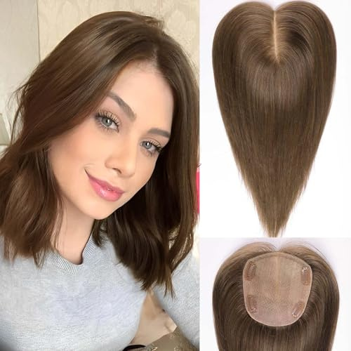 HAIRCUBE 5 x 5,5 Zoll große Haarteile für Frauen, Echthaarteil, 12 Zoll, mittelbraun, ohne Pony, für Frauen mit dünner werdendem oder grauem Ansatz