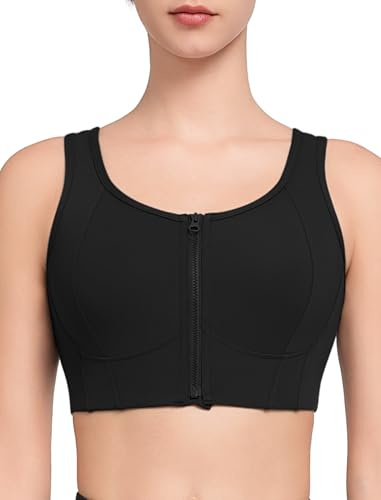 Yvette Sport BH U-Rücken mit Vorderverschluss Starker Halt Volle Abdeckung Joggen Bra,L,Schwarz