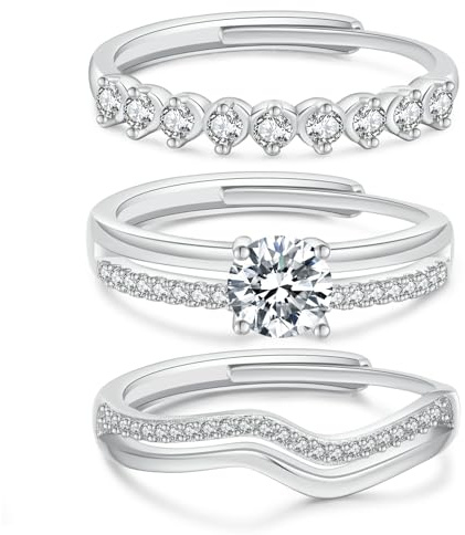 Senteria 3Pcs Silver Rings for Women,Sterling Silver Ring Adjustable Shiny Cubic Zirconia Thumb Rings for Women Stacking Ring Statement Ring Set for Womens