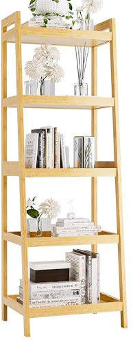 vovala Libreria, libreria a scala a 5 livelli con struttura in bambù, mensola per piante da esposizione alta e stretta autoportante per soggiorno, cucina, camera da letto, balcone, Naturale