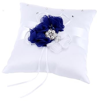 SECFOU Hochzeitsringkissen Mit Blumen-Dekoration Blau Weiß Elegant Gepolstertes Ringkissen Für Trauungszeremonie Leicht Und Handlich Für Perfekten Auftritt