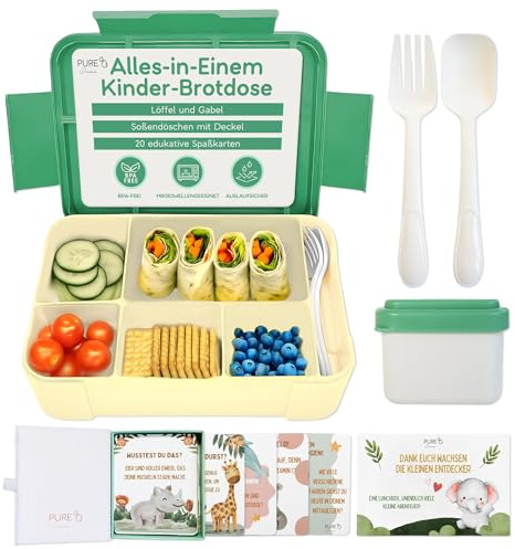 Pure Indah Brotdose Kinder mit 5 Fächern 1330 ML – Bento Lunchbox, Vesperbox, BPA-frei, inkl. 20 Lernkarten – Geschenk für Mädchen & Jungen ab 3 Jahren