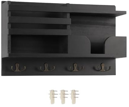 BigKing Kleiderständer für den Eingangsbereich mit 4 Doppelhaken, schwebendes Regal, Zeitungsständer aus Holz, für Jacken, Mäntel, Schals, Schlüsselanhänger, Vintage Schwarz, dekorative Displays