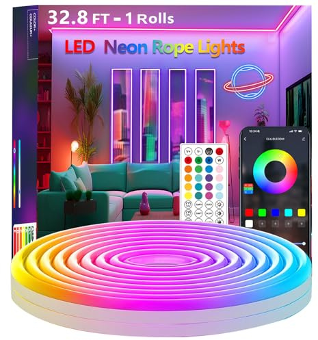 Bvokon 10m/32.8Ft LED Neon Seillichter, Steuerung mit App/Fernbedienung, Musik Sync, Flexibles LED Seillicht, Mehrere Modi, IP65 Outdoor RGB Neonlichter Wasserdicht