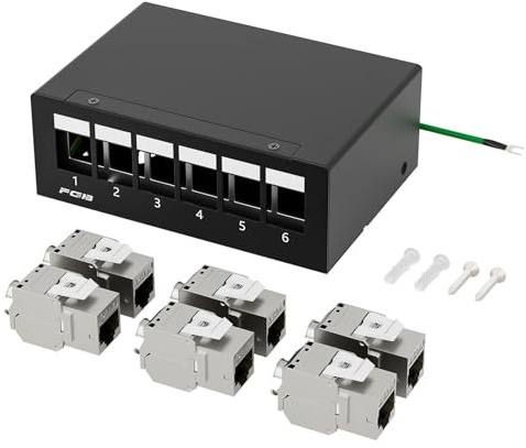 FGB 10 Gbps 6-port CAT7 patchpanel med 6 x CAT.7 RJ45 Keystone Jack Modul, STP patchpanel distributionsfält för nätverk LAN DSL, kompatibel CAT6 CAT6a CAT7 CAT8 installationskabel nätverkskabel