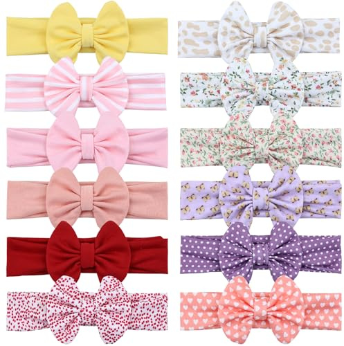 Cinaci 12 Pieces Soft Stretchy Solid Striped Floral Print Baby Girl Bow Headbands Hair Bows Bands Headwraps Accessories for Baby Girls Infants Toddlers