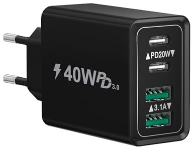 Chargeur USB C Rapide,40W 4 Port Prise USBC Chargeur Rapide, 3.1A PD+QC Type C Adaptateur Multi Secteur Chargeur pour iPhone16 15 14 13 12 11 Pro Max X XS XR 8 Plus Mini SE,Samsung,iPad