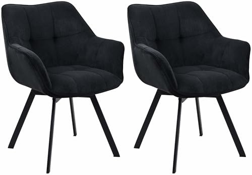 CLP Esszimmerstuhl 2er Set ergonomisch Jordi Cord, drehbar mit Armlehnen, Polstersessel, 4-Fuß-Metallgestell, bis 150 kg, mit Bodenschonern, Farbe:schwarz