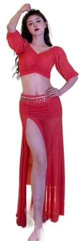 JTKSSCS Bauchtanz Kostüm Damen Bauchtanz-Set for Erwachsene, trägerlos, Top, Rock, Damen, Trainingskleidung, Anfänger, Leistungsklasse, Tanzanzug(Red,S)